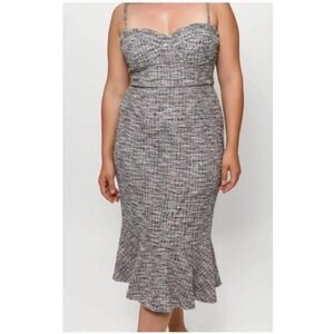 Hutch Selene Ruffle Tweed Midi Dress NWT Sz 12 Multicolor Mermaid Hem Bustier